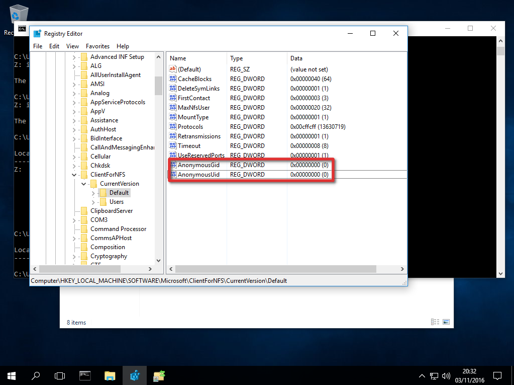 Windows 10: Regedit NFS AnonymousUid and AnonymousGid